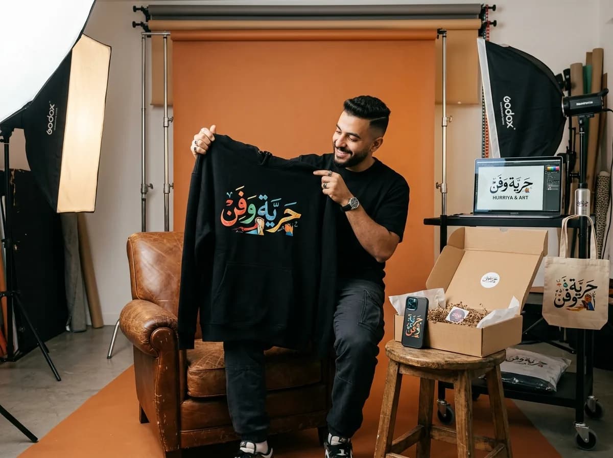 هوديز وملابس قطنية مطبوعة معروضة في استوديو