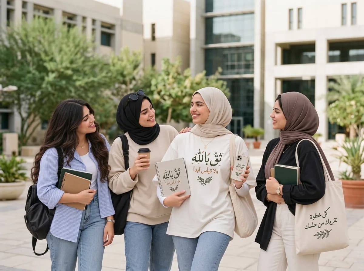 صديقات يعرضن ملابس وإكسسوارات مطبوعة في الجامعة